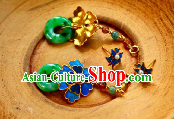 China Classical Jadeite Ear Jewelry Traditional Cheongsam Blue Flower Earrings