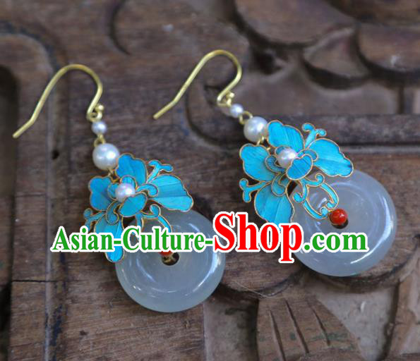 Chinese Traditional Jade Jewelry Ancient Empress Cloisonne Ear Accessories Qing Dynasty Pearls Earrings
