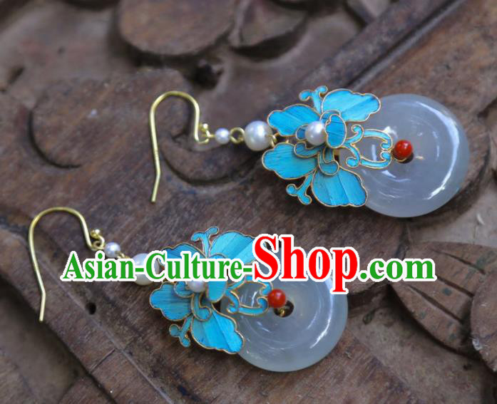Chinese Traditional Jade Jewelry Ancient Empress Cloisonne Ear Accessories Qing Dynasty Pearls Earrings
