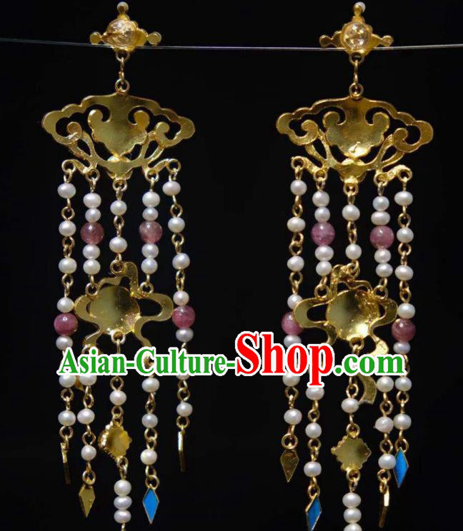 Chinese Ancient Empress Cloisonne Ear Accessories Traditional Jewelry Qing Dynasty Pearls Tassel Earrings