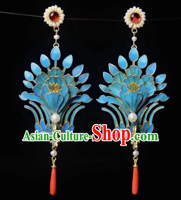Chinese Ancient Empress Blueing Phoenix Ear Accessories Traditional Jewelry Qing Dynasty Pearls Earrings