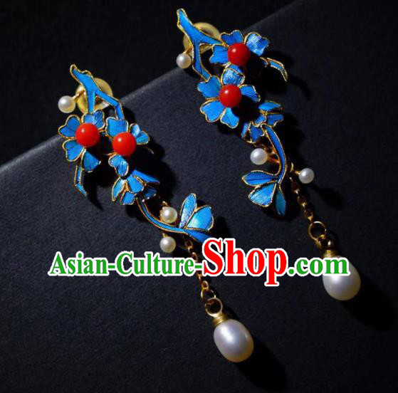 Chinese Ancient Qing Dynasty Empress Ear Accessories Handmade Traditional Pearls Earrings Jewelry