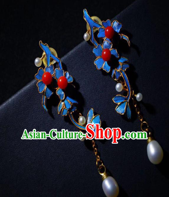 Chinese Ancient Qing Dynasty Empress Ear Accessories Handmade Traditional Pearls Earrings Jewelry