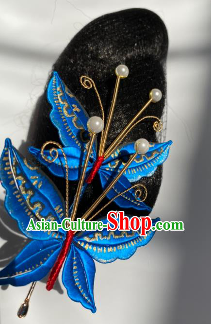 China Qing Dynasty Palace Lady Blue Butterfly Hairpin Ancient Empress Hair Stick