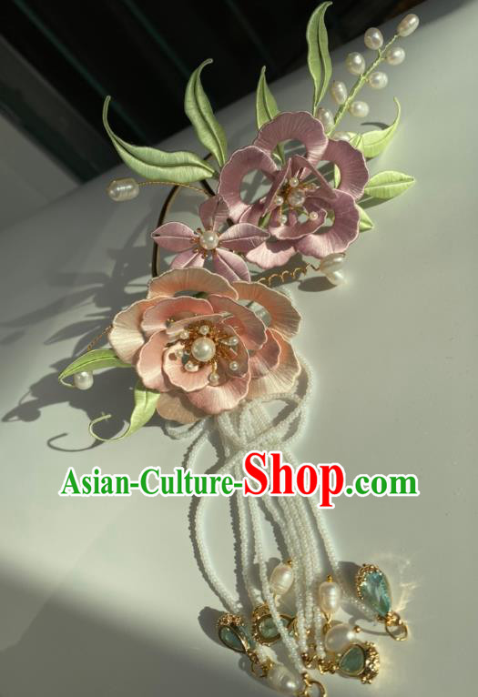 China Ancient Empress Pink Silk Peony Hair Stick Traditional Qing Dynasty Palace Lady Beads Tassel Hairpin