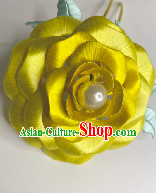 China Ancient Empress Yellow Silk Rose Hair Stick Traditional Qing Dynasty Palace Lady Hairpin