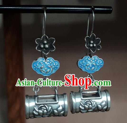 China Traditional Cheongsam Blueing Ear Accessories National Silver Carving Lotus Earrings