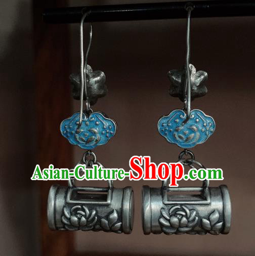 China Traditional Cheongsam Blueing Ear Accessories National Silver Carving Lotus Earrings