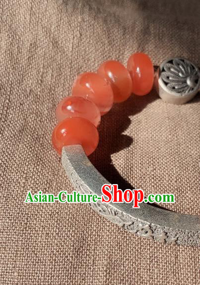 Handmade Chinese Agate Beads Wristlet Accessories National Bracelet Ethnic Silver Carving Bangle