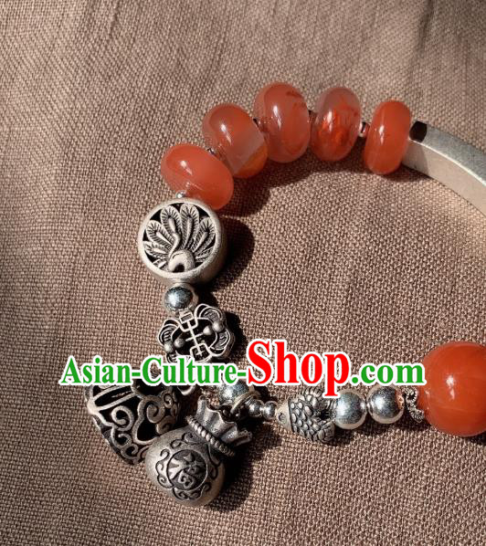 Handmade Chinese Agate Beads Wristlet Accessories National Bracelet Ethnic Silver Carving Bangle