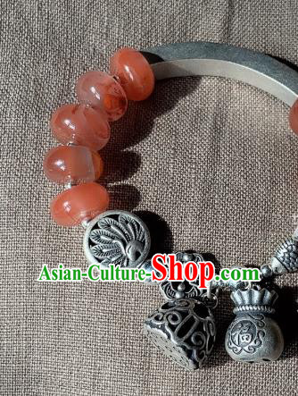 Handmade Chinese Agate Beads Wristlet Accessories National Bracelet Ethnic Silver Carving Bangle