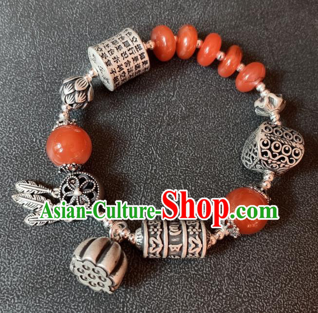Handmade Chinese Agate Beads Wristlet Accessories National Bracelet Ethnic Silver Carving Bangle