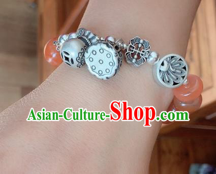 Handmade Chinese Agate Beads Wristlet Accessories National Bracelet Ethnic Silver Carving Bangle