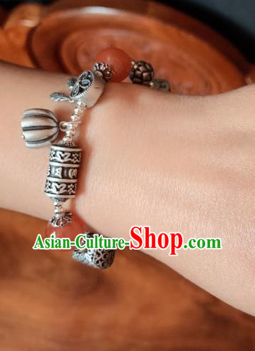 Handmade Chinese Ethnic Silver Carving Bangle Agate Beads Wristlet Accessories National Bracelet