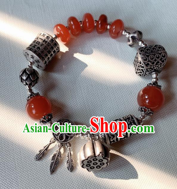 Handmade Chinese Ethnic Silver Carving Bangle Agate Beads Wristlet Accessories National Bracelet