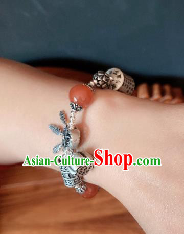 Handmade Chinese Ethnic Silver Carving Bangle Agate Beads Wristlet Accessories National Bracelet