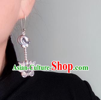 China Traditional Cheongsam Silver Carving Lotus Ear Accessories National Jade Tassel Earrings