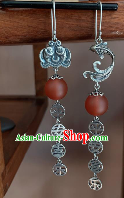 China National Agate Lantern Earrings Traditional Cheongsam Silver Carving Fish Ear Accessories
