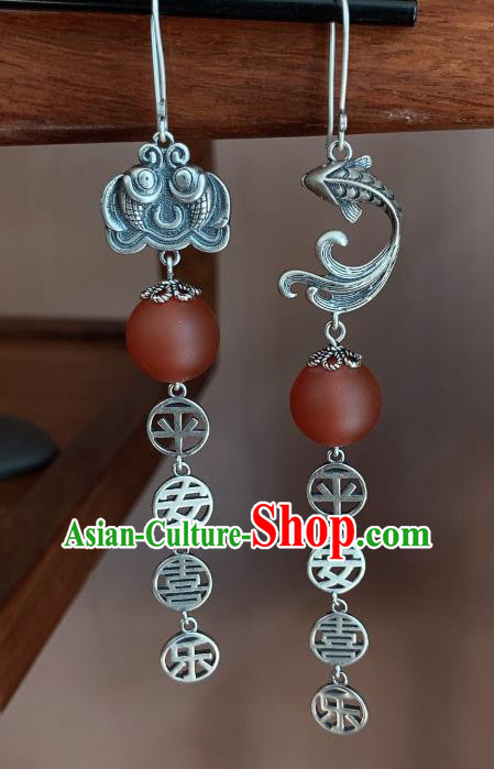 China National Agate Lantern Earrings Traditional Cheongsam Silver Carving Fish Ear Accessories
