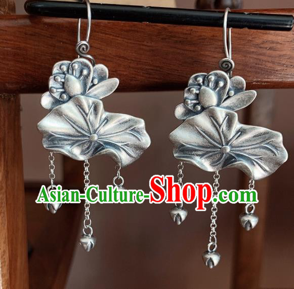 China Traditional Cheongsam Ear Accessories National Silver Carving Lotus Earrings