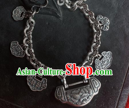 Handmade Chinese Ethnic Carving Peony Bangle Wedding Wristlet Accessories National Silver Lock Bracelet