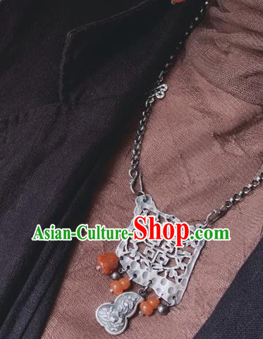 Handmade Chinese Agate Gourd Necklace Accessories National Wedding Silver Carving Necklet