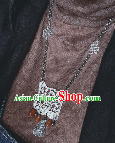 Handmade Chinese Agate Gourd Necklace Accessories National Wedding Silver Carving Necklet