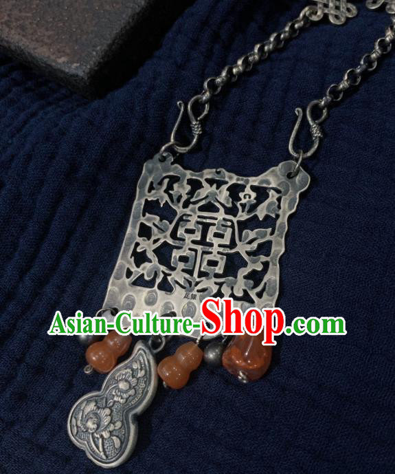Handmade Chinese Agate Gourd Necklace Accessories National Wedding Silver Carving Necklet
