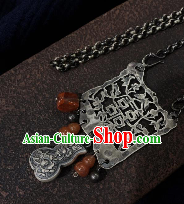 Handmade Chinese Agate Gourd Necklace Accessories National Wedding Silver Carving Necklet