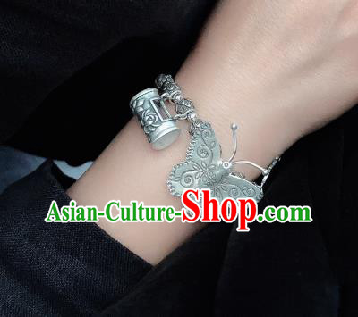 Handmade Chinese Wristlet Accessories Ethnic Carving Lock Bangle National Silver Butterfly Lotus Bracelet