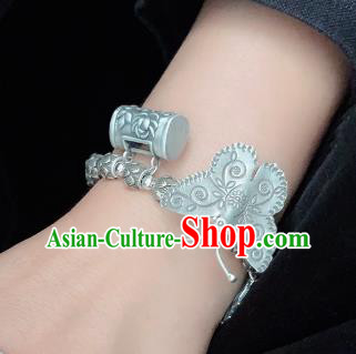 Handmade Chinese Wristlet Accessories Ethnic Carving Lock Bangle National Silver Butterfly Lotus Bracelet