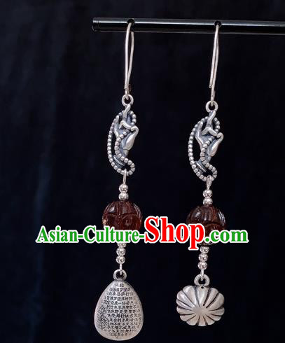 China National Carving Silver Earrings Traditional Cheongsam Rosewood Lotus Ear Accessories