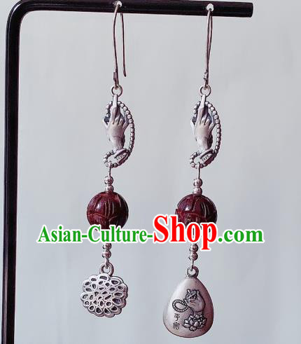 China National Carving Silver Earrings Traditional Cheongsam Rosewood Lotus Ear Accessories