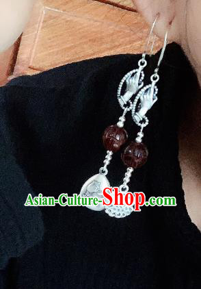 China National Carving Silver Earrings Traditional Cheongsam Rosewood Lotus Ear Accessories