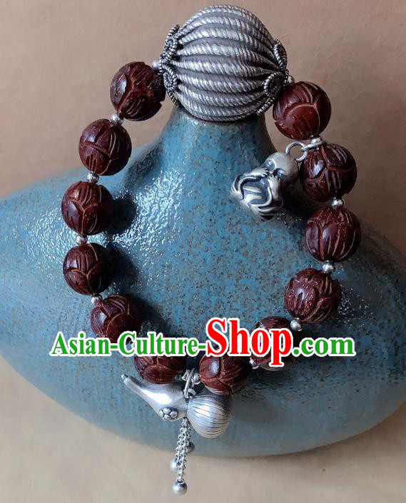 Handmade Chinese Silver Gourd Wristlet Accessories Ethnic Bangle National Rosewood Carving Lotus Bracelet