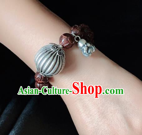 Handmade Chinese Silver Gourd Wristlet Accessories Ethnic Bangle National Rosewood Carving Lotus Bracelet