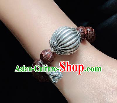 Handmade Chinese Silver Gourd Wristlet Accessories Ethnic Bangle National Rosewood Carving Lotus Bracelet