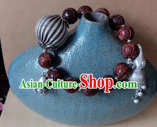 Handmade Chinese Silver Gourd Wristlet Accessories Ethnic Bangle National Rosewood Carving Lotus Bracelet