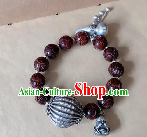 Handmade Chinese Silver Gourd Wristlet Accessories Ethnic Bangle National Rosewood Carving Lotus Bracelet