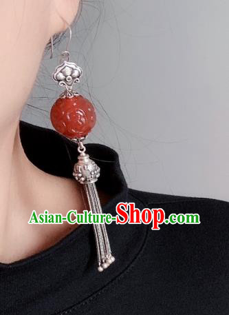 China Traditional Cheongsam Agate Carving Ear Accessories National Silver Tassel Earrings