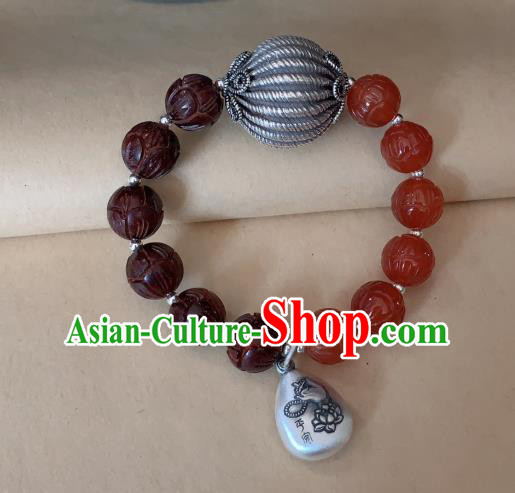 Handmade Chinese Agate Beads Wristlet Accessories Ethnic Silver Bangle National Rosewood Bracelet