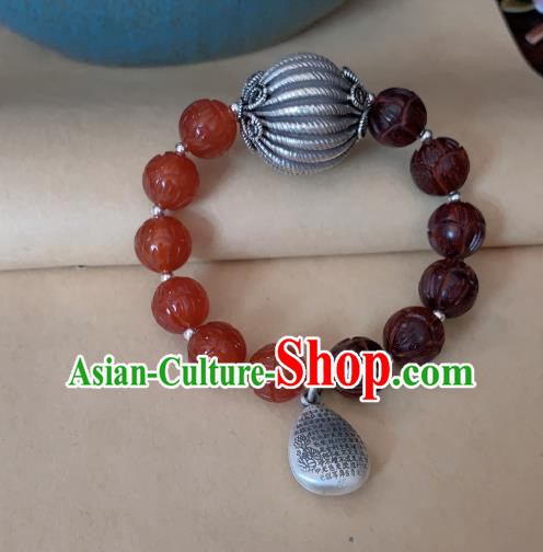 Handmade Chinese Agate Beads Wristlet Accessories Ethnic Silver Bangle National Rosewood Bracelet