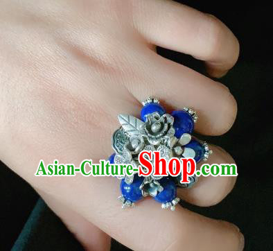 Chinese Handmade Ethnic Lapis Beads Ring National Wedding Silver Plum Circlet Jewelry