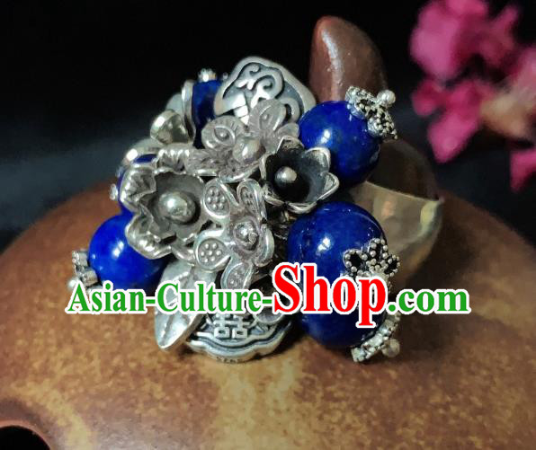 Chinese Handmade Ethnic Lapis Beads Ring National Wedding Silver Plum Circlet Jewelry