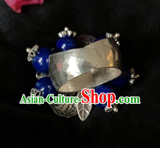 Chinese Handmade Ethnic Lapis Beads Ring National Wedding Silver Plum Circlet Jewelry