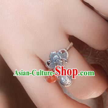 Chinese Handmade Ethnic Agate Ring National Wedding Silver Carving Bat Circlet Jewelry