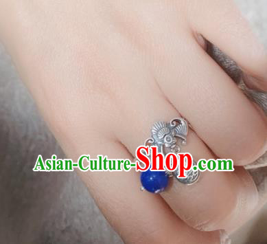 Chinese National Wedding Silver Carving Bat Circlet Jewelry Handmade Ethnic Lapis Ring