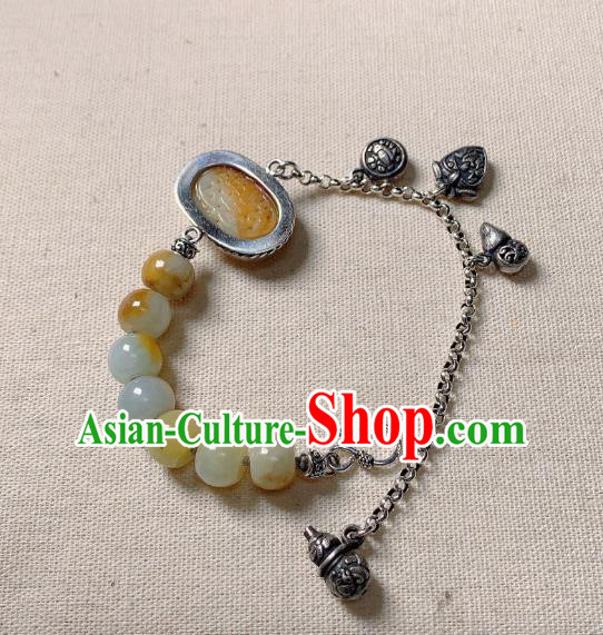 Handmade Chinese Jade Carving Bangle National Bracelet Silver Wristlet Accessories