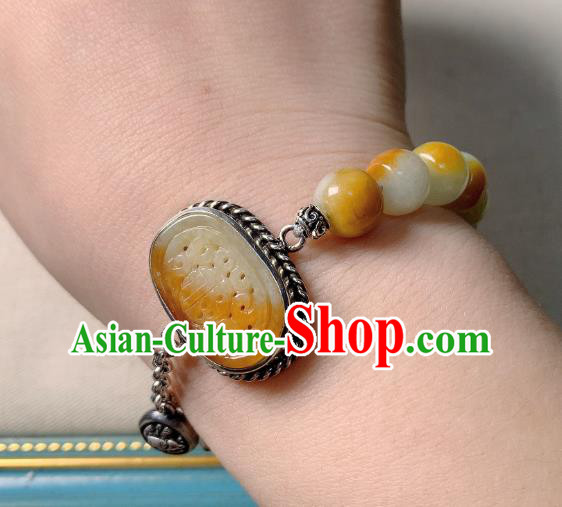 Handmade Chinese Jade Carving Bangle National Bracelet Silver Wristlet Accessories