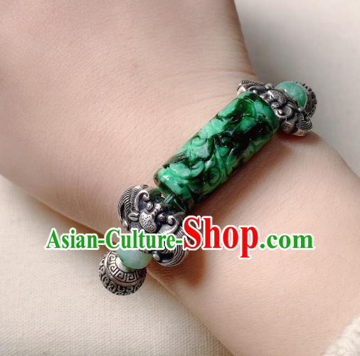 Handmade Chinese National Jadeite Bracelet Silver Bat Wristlet Accessories Bangle